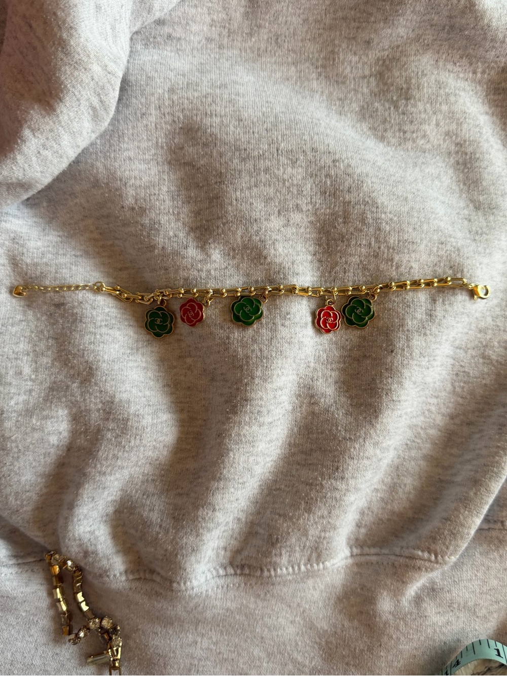 Upcycled Chanel Gold Chain Bracelet with Red & Green Charms